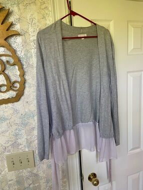 LC Lauren Conrad Gray Open Cardigan with Lilac Sheer Hem